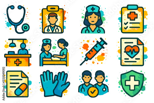 Healthcare icons: medical staff, equipment, and documents illustrations