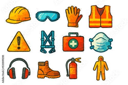 Essential safety equipment icons for construction and workplace protection