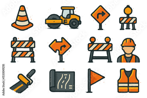 Construction icons set: signs, equipment, safety gear, blueprints