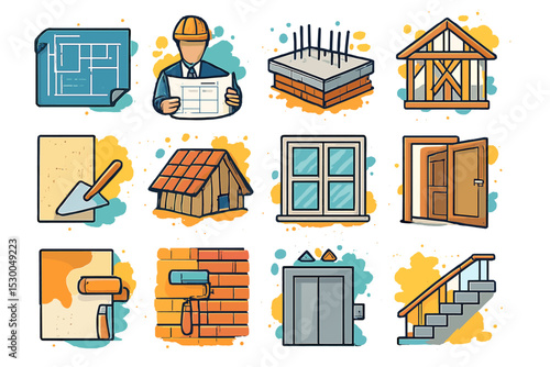 Construction icons: blueprint, worker, building materials, tools, architecture stages