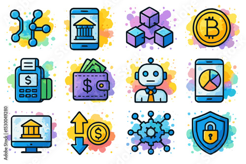 Digital finance icons set featuring cryptocurrency and blockchain symbols