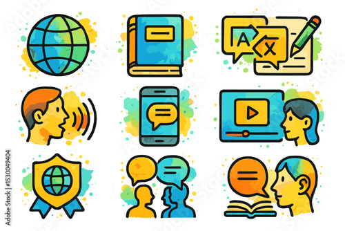 Colorful language learning icons with communication and education elements