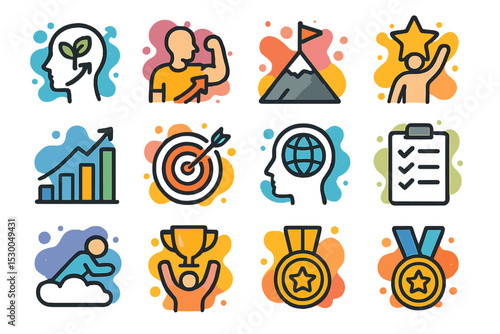 Motivational icons set: success, growth, achievement, goals, leadership