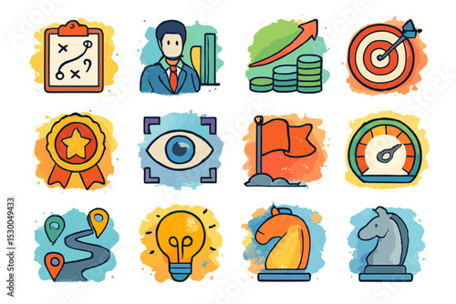 Illustrated business strategy icons including graphs and targets