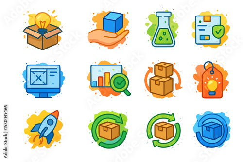Colorful icons set featuring ideas, delivery, and business concepts