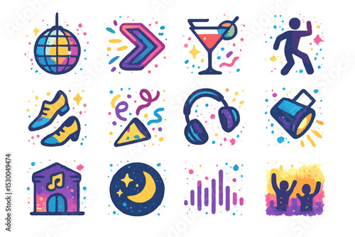 Neon party icons with disco ball, headphones, drinks, and dancing figures