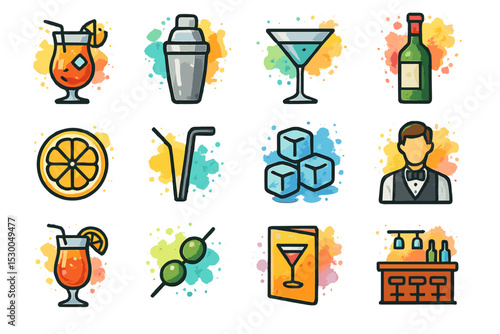 Colorful cocktail icons featuring drinks, glasses, and bar elements