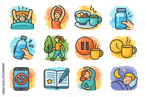 Healthy lifestyle icons: exercise, nutrition, hydration, sleep, relaxation