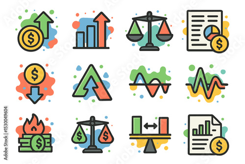 Colorful financial icons set with economic charts and symbols