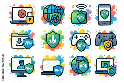 Colorful vpn security icons with internet and gaming symbols