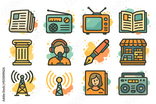 Retro media icons set featuring radio, tv, books, news, and communication elements