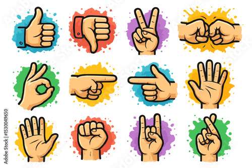 Twelve hand gestures on colorful background in cartoon art style