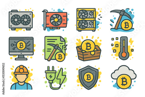Bitcoin mining icons: graphics card, mining rig, cryptocurrency symbols