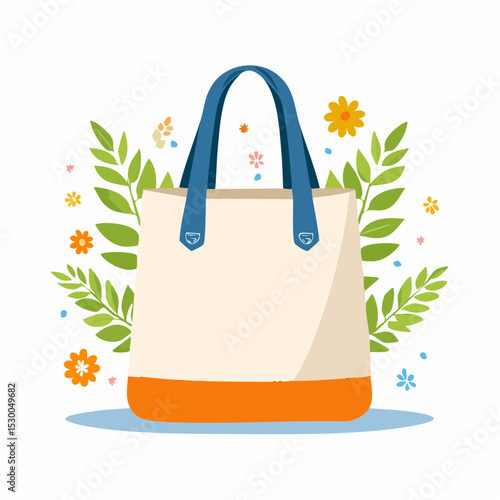 Floral Tote Bag Design Springtime Canvas Tote with Orange Bottom and Blue Handles
