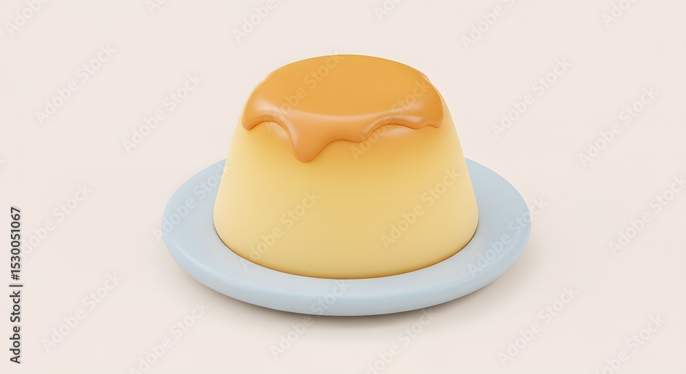 Fototapeta premium Custard Pudding Dessert with Caramel Sauce on Pale Blue Plate