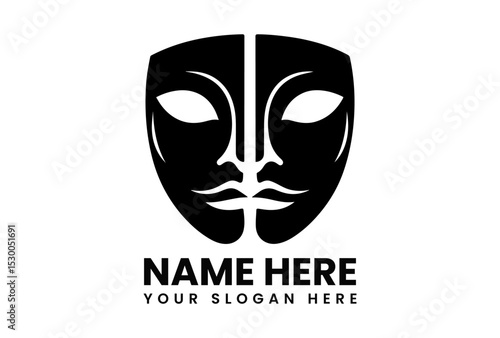 Intertwined black silhouettes of classic comedy and tragedy theatrical masks on a white background. Entertainment concept