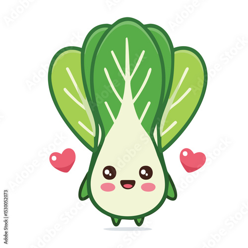A charming bok choy character with rosy cheeks and heart accents, expressing love and joy