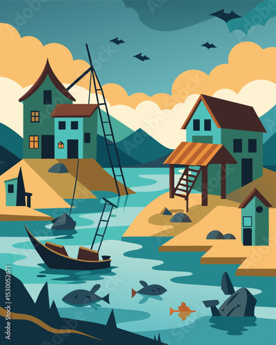 A deserted fishing village once bustling with life now abandoned due to the severe depletion of fish populations caused by water pollution from nearby industries.. Vector illustration