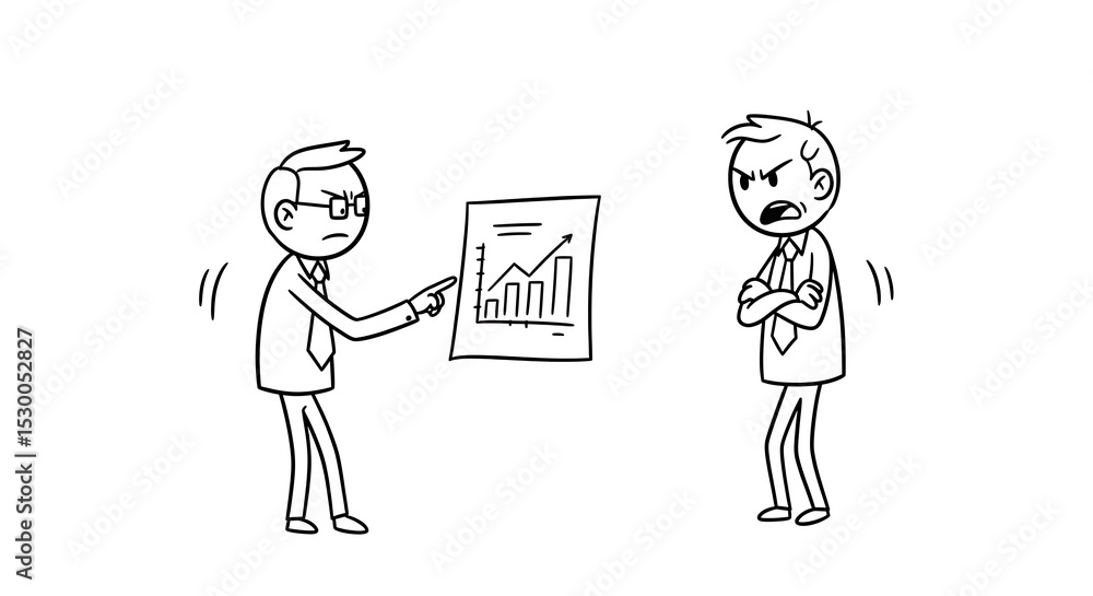 Businessman presenting bad graph to angry colleague Businessman presenting bad graph to angry colleague