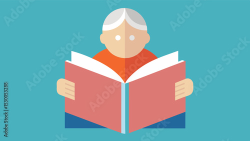 The book is marked with numerous page corners suggesting the elderly person has been rereading the same page over and over again.. Vector illustration