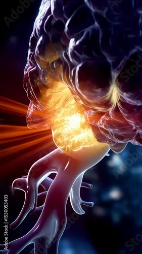 Animated brain with nerve system showing bright synapse firing and electrical impulses, medical imagery related to neurology