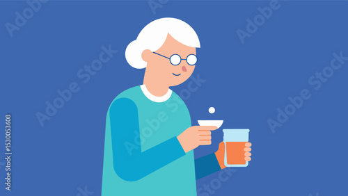 An image of an elderly person taking medication with a caption reminding readers to drink plenty of water to help their body absorb and distribute medicines effectively.. Vector illustration