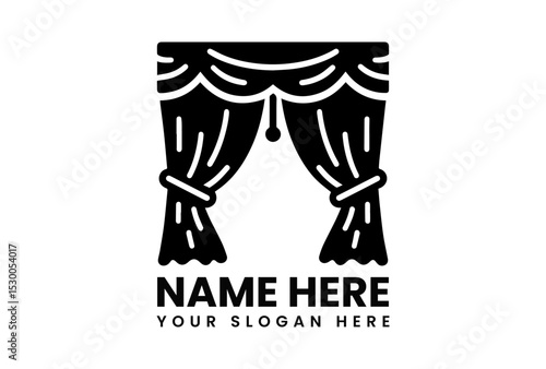 Elegant black silhouette vector logo of opened stage curtains with draped fabric and decorative ties for theater productions