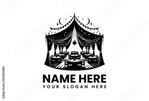 Grand black silhouette of a circus or carnival tent with a banquet table and chairs inside. Event concept
