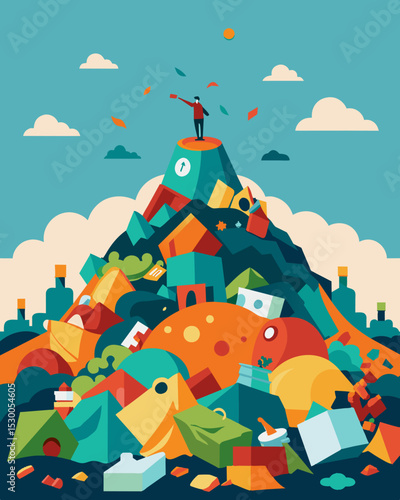 A crowded landfill filled with wasted overproduced goods that failed to sell.. Vector illustration