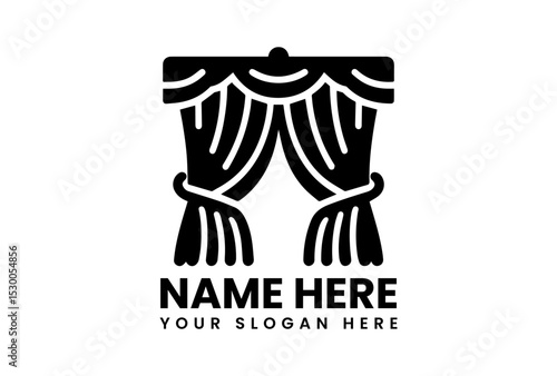 Elegant black silhouette vector logo of opened stage curtains with draped fabric and decorative ties for theater productions