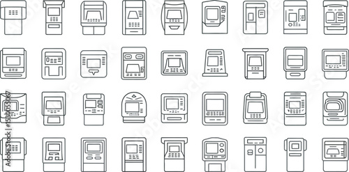 Multiple Black Line Drawings of A T M Machines and Kiosks