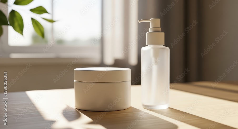 Fototapeta premium Minimalist Cream and Lotion on Wooden Surface