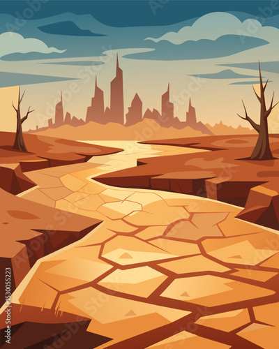 A desolate landscape with cracked parched ground a result of excessive water usage for industrial purposes.. Vector illustration