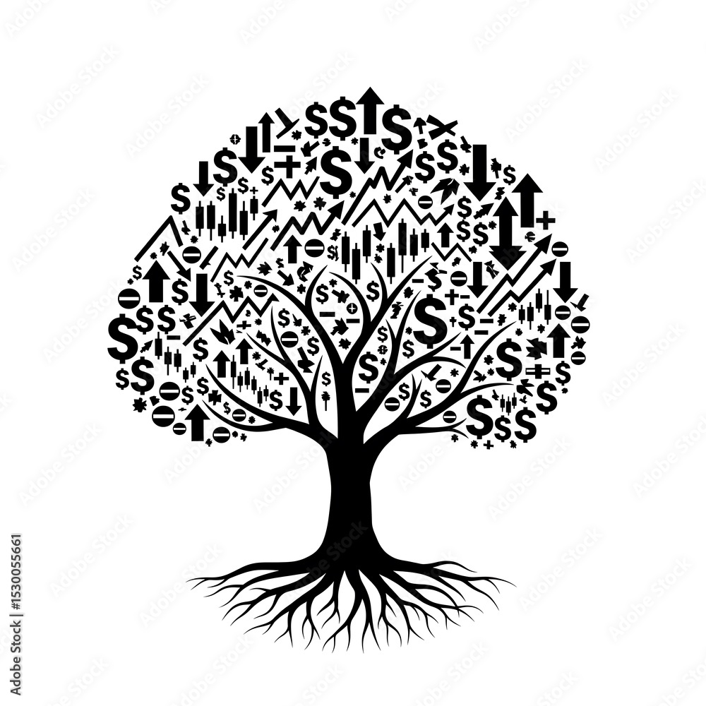 Naklejka premium Black Tree Graphic Stock Market Symbols Dollar Signs Arrows