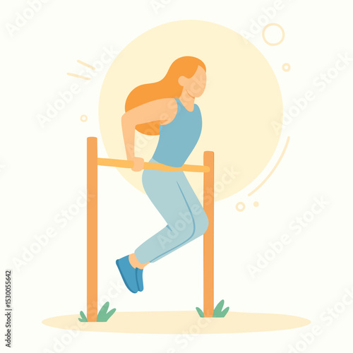 Flat Style Woman Doing Dips on Parallel Bars Fitness Illustration