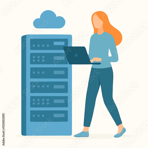 Flat Style Character with Laptop Standing Beside Server Data Center