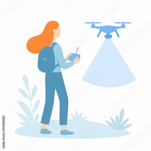 Flat Simple Style Female with Drone and Remote Controller Illustration