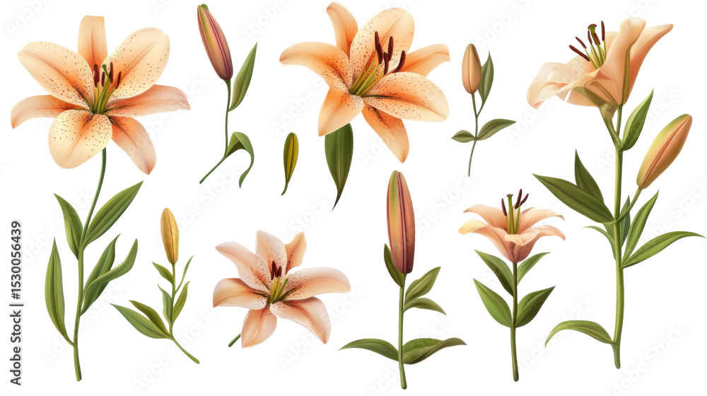 Obraz premium Set of elegant blooming lilies with buds on white background 
