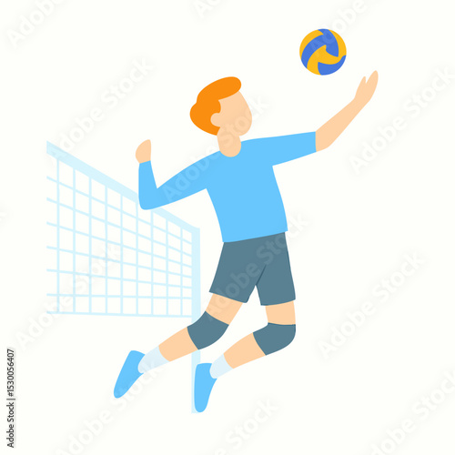 Flat Style Athletic Player Spiking Volleyball with Net Illustration