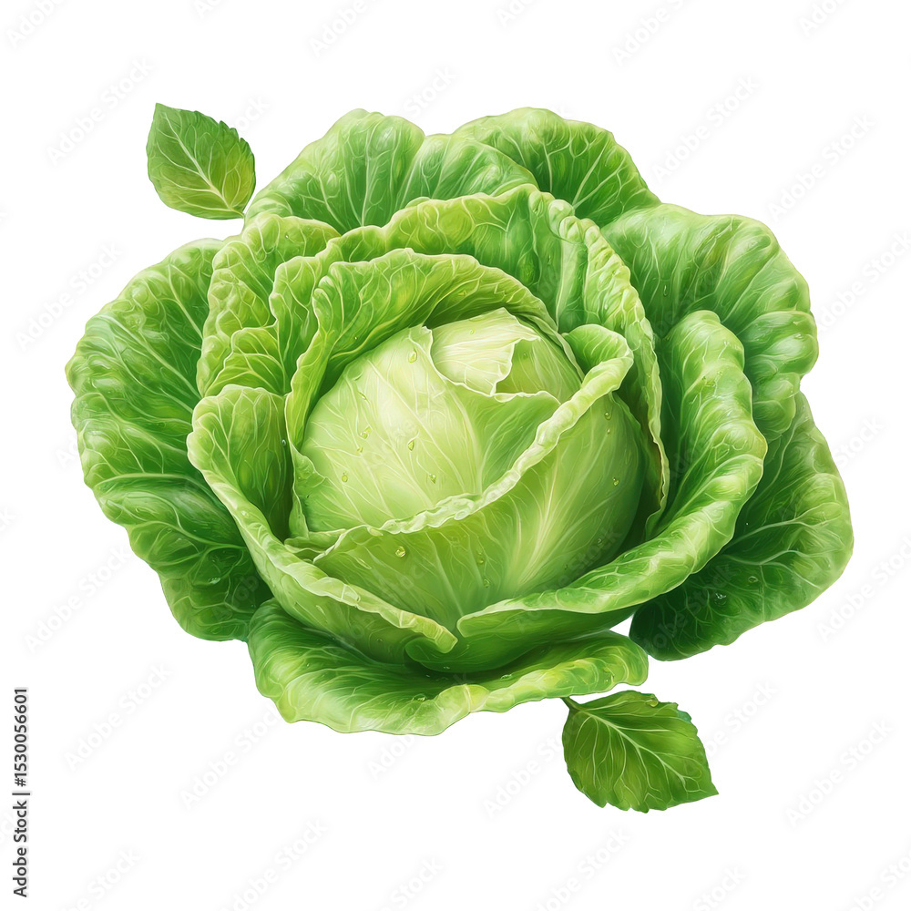 Fototapeta premium A single green cabbage with leaves around it and some leaves floating on a black background