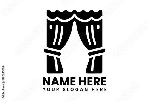 Classic black silhouette theater logo with elegant opened curtains showing fabric folds and tiebacks for performances
