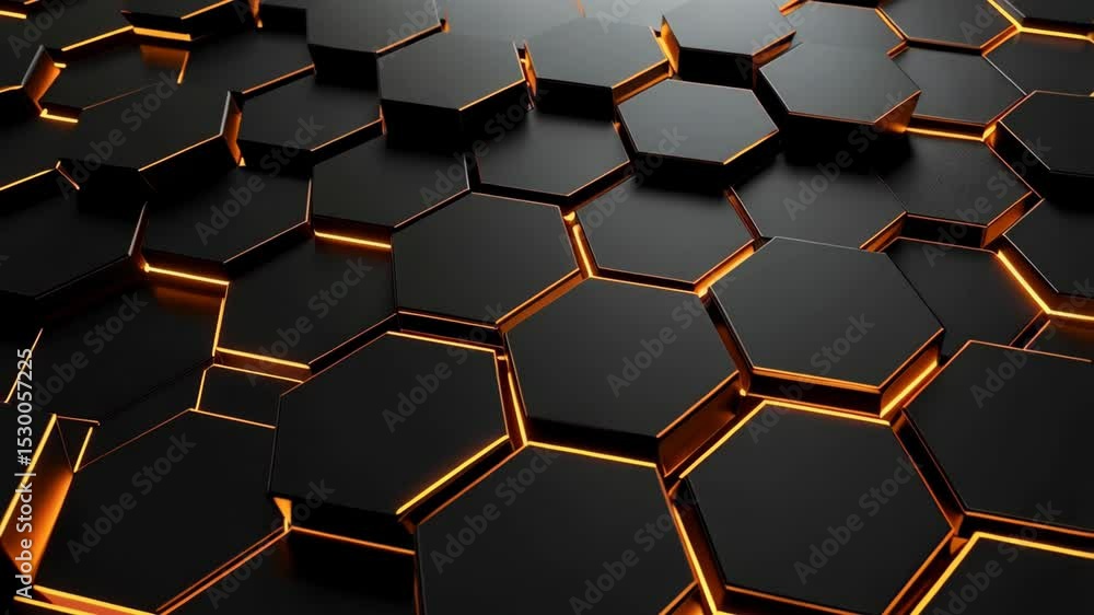 Abstract dark background of 3D rendering black hexagons with orange neon glowing underneath a futuristic honeycomb pattern creating a geometric texture. Abstract dark background of 3D rendering black hexagons with orange neon glowing underneath a futuristic honeycomb pattern creating a geometric texture.