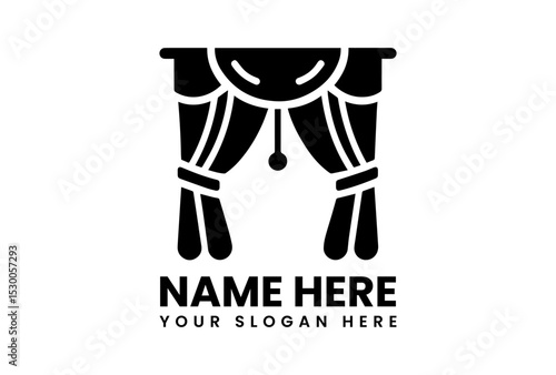 Classic black silhouette theater logo with elegant opened curtains showing fabric folds and tiebacks for performances