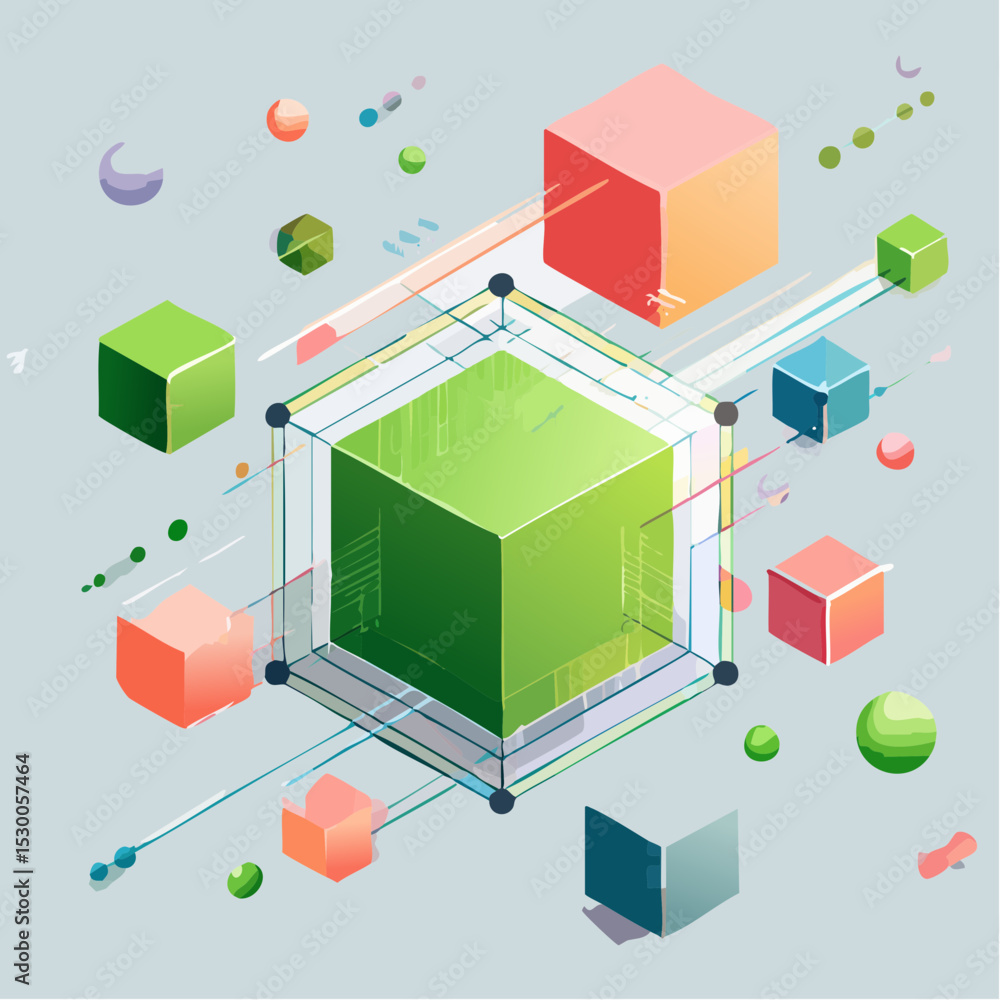 Fototapeta premium Abstract composition with angled wedge blocks and spheres in a clean, grid-lined white space.