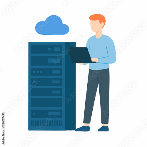 Flat Illustration Man With Laptop Stands Beside Network Server Rack