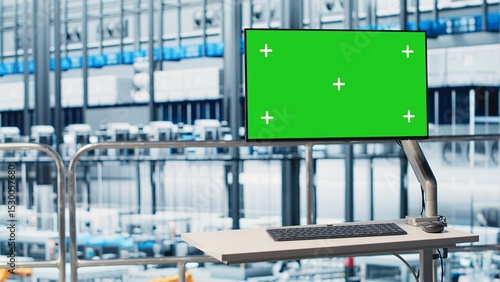 Fotografie Chroma key monitor displaying industrial automation program overlooking industry 4