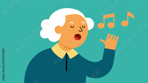 An elderly person using singing as a therapeutic tool during speech therapy incorporating melody and rhythm to enhance their speech abilities.. Vector illustration