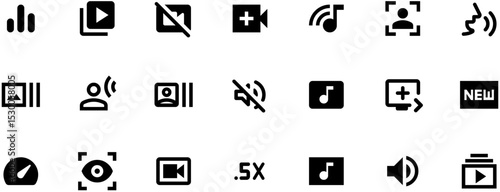 Minimalist black vector video player icons on white background, 256x256 pixels
