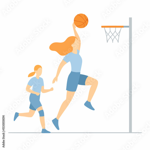 Flat Illustration of Netball Player Scoring a Goal with Teammate Sport