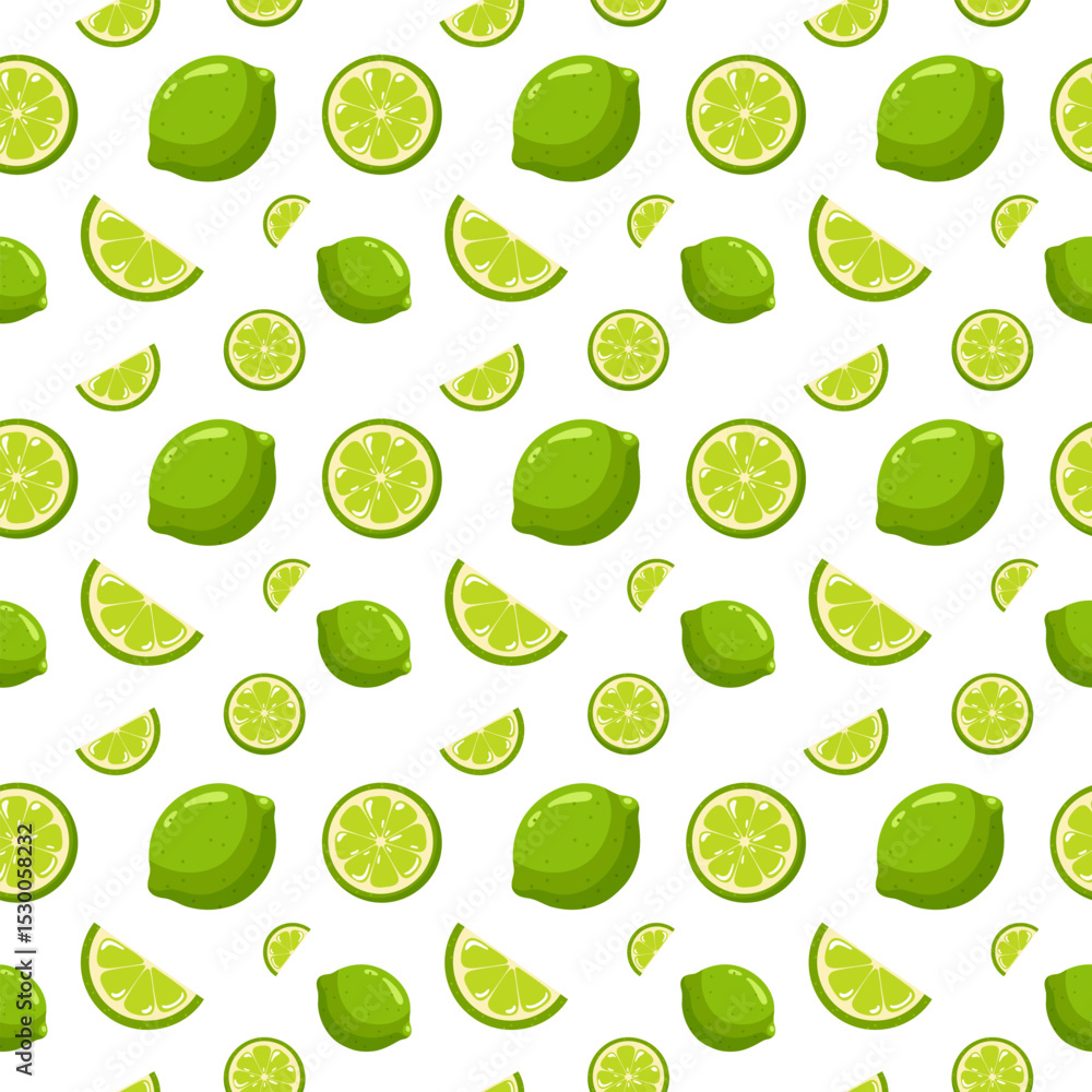 Seamless summer pattern with whole limes and lime slices on white background. Cartoon vector background. Seamless summer pattern with whole limes and lime slices on white background. Cartoon vector background.